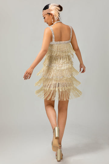 Sparkly Champagne Fringed Short 1920s Dress with 5-Piece Accessories Set